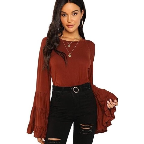 NWOT SheIn Orange Brown Red Rust 70s Boho Flowy Bell Sleeve Crop Blouse Top Sz M - Picture 4 of 9
